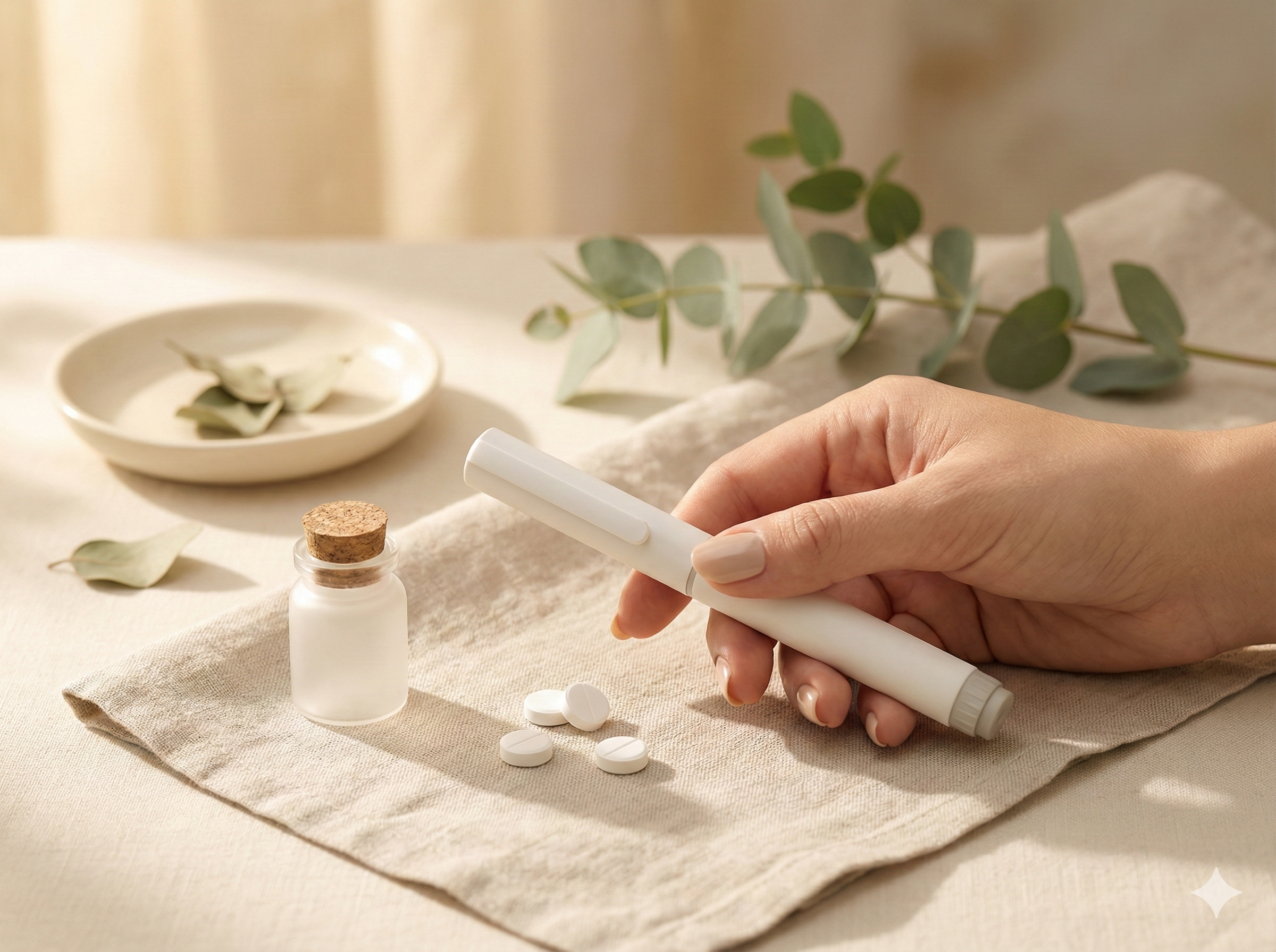 GLP-1 injection pen, medication vial, and tablets styled on linen with eucalyptus